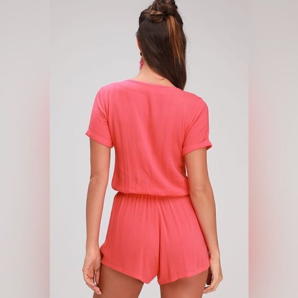 Lulu’s Kudos Coral Pink Short Sleeve Zip Romper - Picture 2 of 4